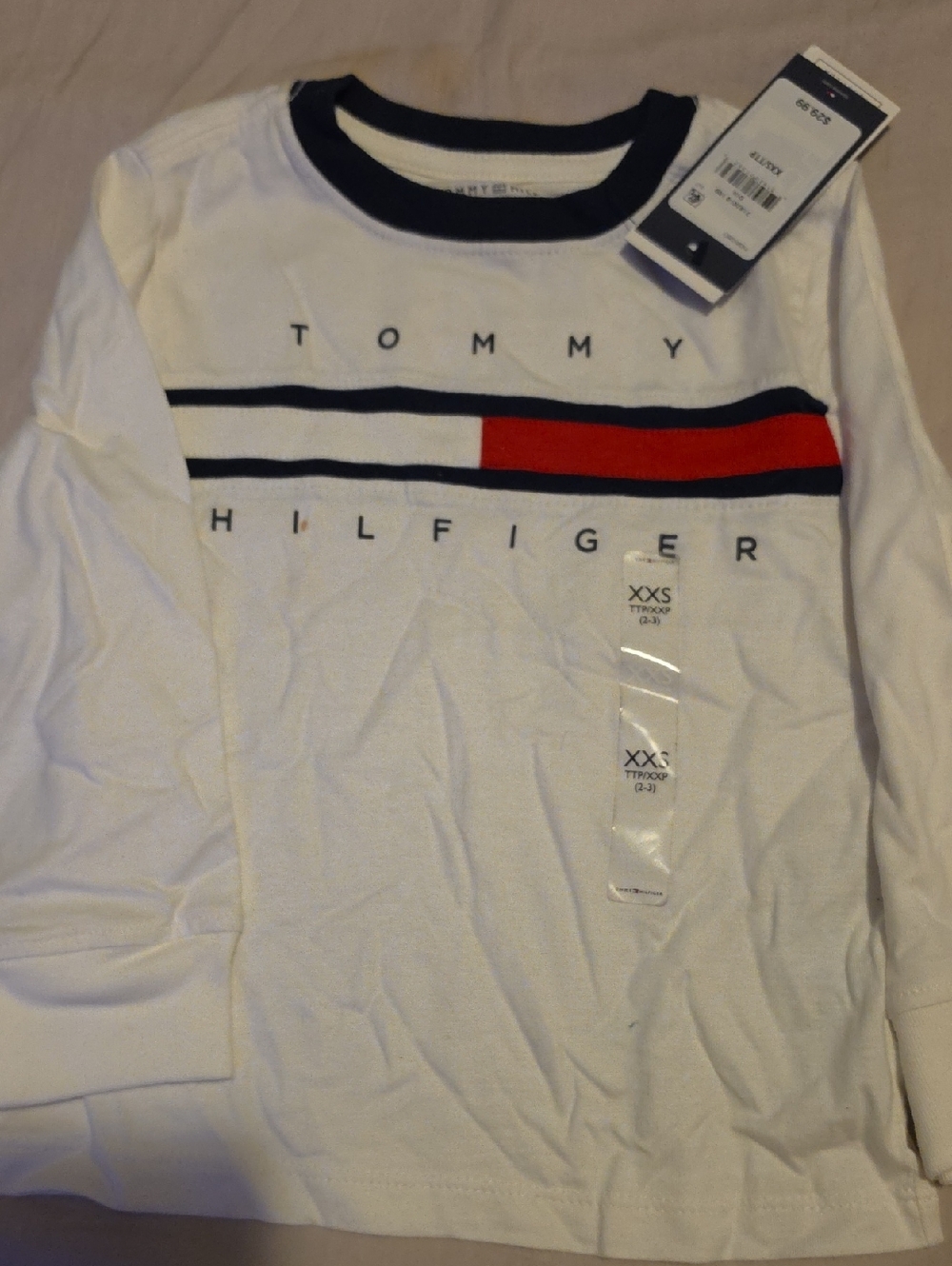 Tommy Hilfiger White Long-Sleeve Tee with Navy & Red Stripe